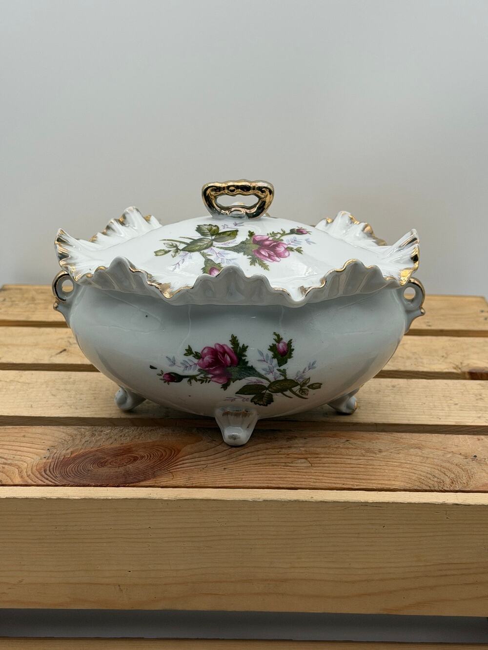 Vintage Hand-Painted Footed Porcelain Casserole Tureen Dish with Lid & Gold Trim